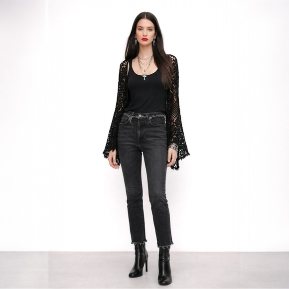 Reformation Black Cropped Cigarette Jeans 29 Raw Hem Distressed High Rise - Picture 7 of 10